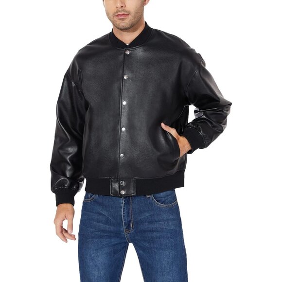 Men Black Faux Leather Biker Jacket Slim Fit Motorcycle Bomber Zip Up Coat - Picture 3 of 6